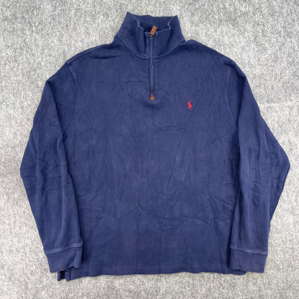 Polo Ralph Lauren Sweater Mens Large Navy Blue Ribbed Cotton 1/4 Zip Pullover